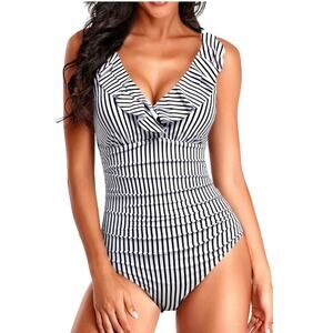 Holipick Women Black White Striped Tummy Control Ruffle One Piece M NWT